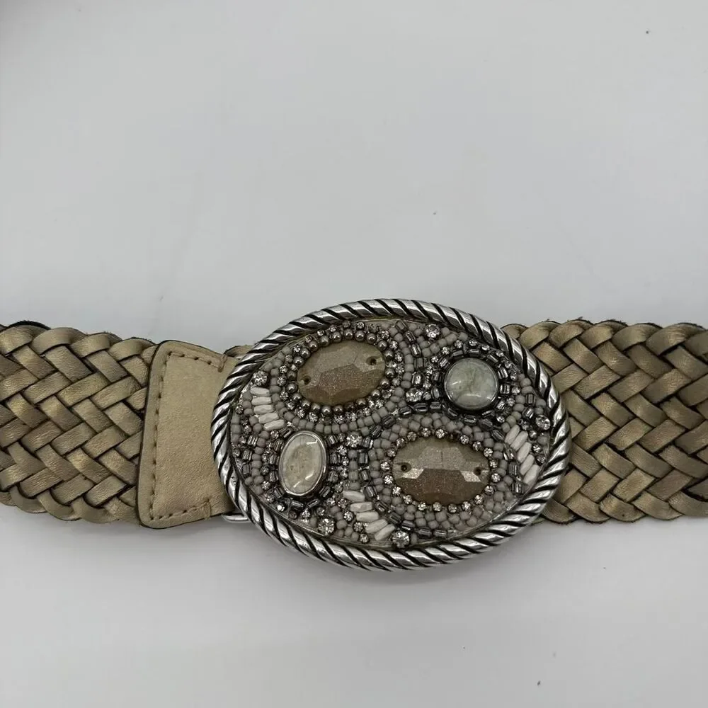 Chicos Gold Metallic Belt Beaded Buckle Braided Leather Hook Closure Boho